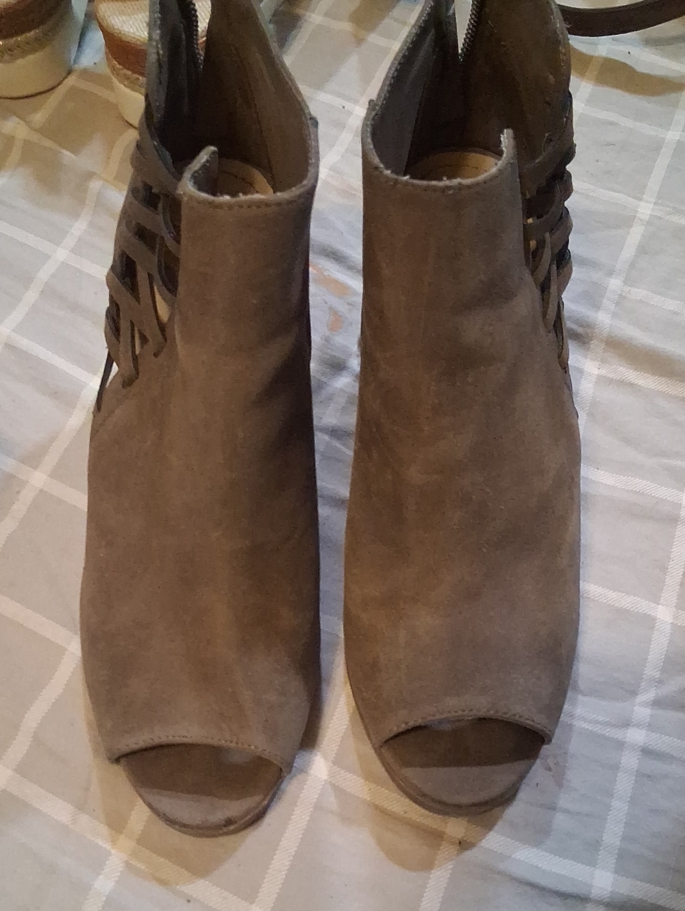 Sugar Taupe Suede Peep-Toe Clog Booties